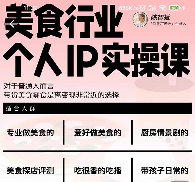 美食行业个人IP实操课,对于普通人而言,带货美食零食是离变现非常近的选择-资源宝库吧
