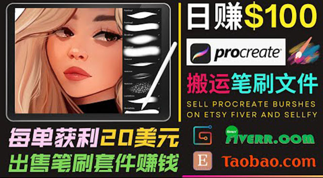 搬运出售Procreate笔刷文件赚钱，每单20美元，轻松日赚100美元-资源宝库吧