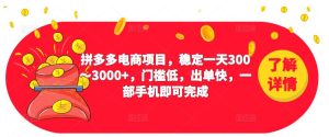 2023拼多多电商项目，稳定一天300～3000+，门槛低，出单快，一部手机即可完成-资源宝库吧