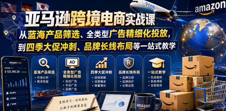 亚马逊跨境电商实战课，从蓝海产品筛选、全类型广告精细化投放，到四季大促冲刺、品牌长线布局等一站式教学（更新6月）-资源宝库吧