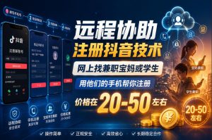 远程协助注册抖音技术,网上找兼职宝妈或学生,用他们的手机帮你注册,价格在20-50左右,具体操作流程-资源宝库吧