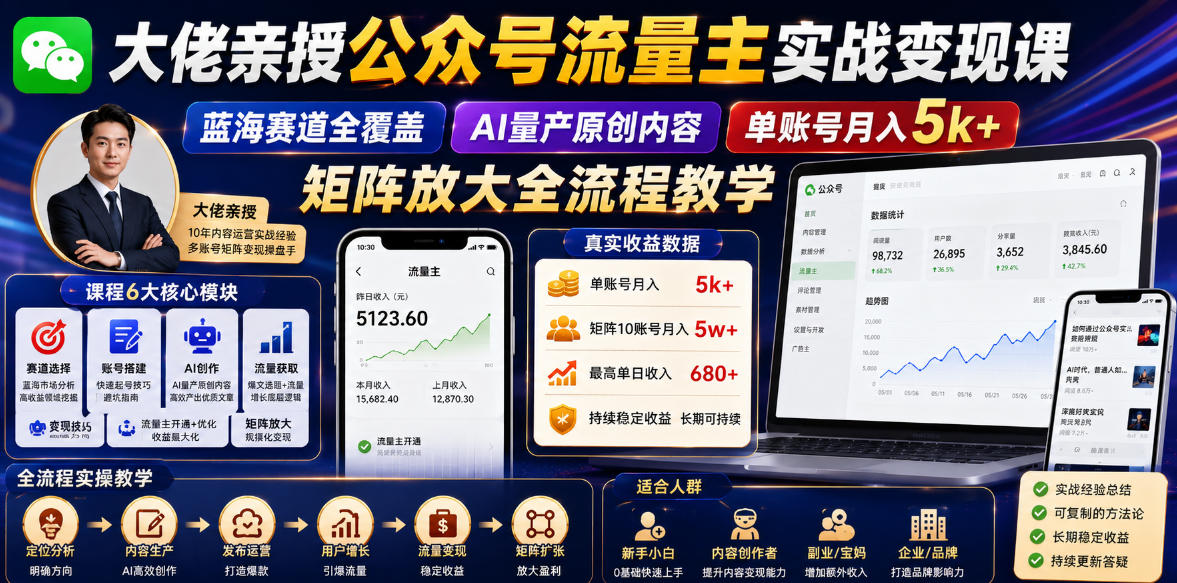 大佬亲授公众号流量主实战变现课，蓝海赛道全覆盖，AI量产原创内容，单账号月入5k+矩阵放大全流程教学-资源宝库吧