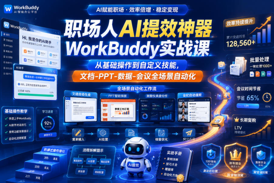 职场人AI提效神器WorkBuddy实战课，从基础操作到自定义技能，文档-PPT-数据-会议全场景自动化-资源宝库吧