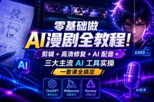 零基础做AI漫剧全教程！剪辑+高清修复+AI配音+三大主流AI工具实操，一套课全搞定-资源宝库吧