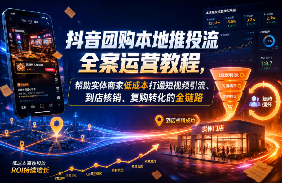 抖音团购本地推投流全案运营教程，帮助实体商家低成本打通短视频引流、到店核销、复购转化的全链路-资源宝库吧