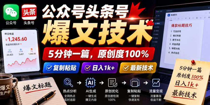 公众号头条号爆文技术，5分钟一篇，原创度100%，复制粘贴，日入1k+，最新技术【揭秘】-资源宝库吧