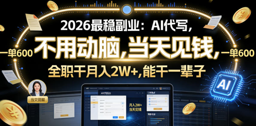 2026最稳副业：AI代写，不用动脑，当天见钱，一单600，全职干月入2W+，能干一辈子【揭秘】-资源宝库吧