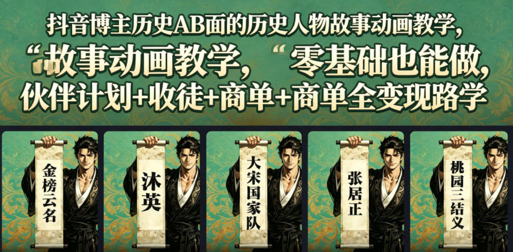 抖音博主历史AB面的历史人物故事动画教学，零基础也能做，伙伴计划+收徒+商单全变现路径教学-资源宝库吧