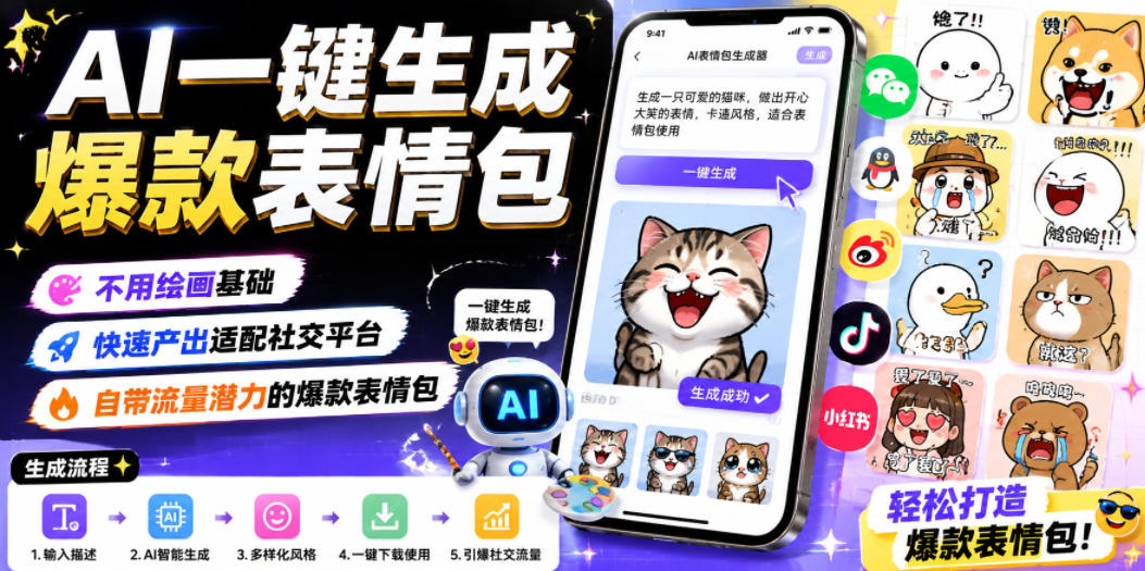 AI一键生成爆款表情包，不用绘画基础，快速产出适配社交平台，自带流量潜力的爆款表情包-资源宝库吧