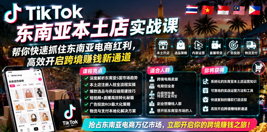 TikTok东南亚本土店实战课，帮你快速抓住东南亚电商红利，高效开启跨境賺钱新通道-资源宝库吧