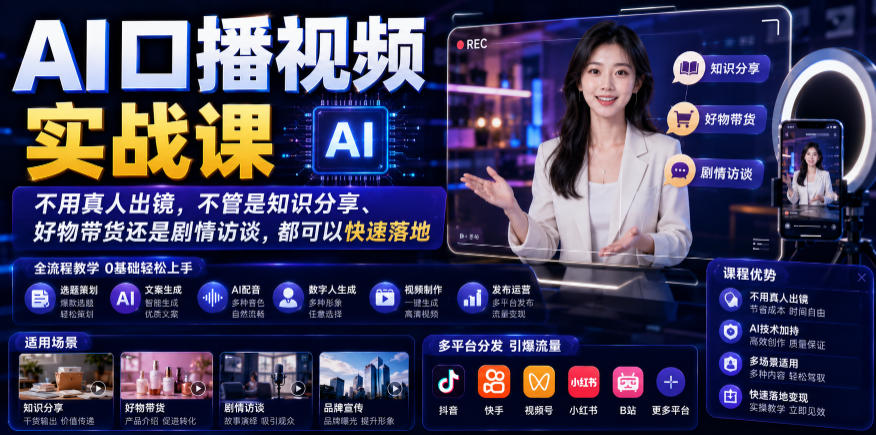 AI口播视频实战课，不用真人出镜，不管是知识分享、好物带货还是剧情访谈，都可以快速落地-资源宝库吧