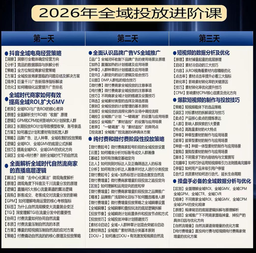 千川扫地僧2026抖音全域投放进阶课，少走弯路·快速起量·掌控增长，6月12-14号杭州线下课（更新）-资源宝库吧