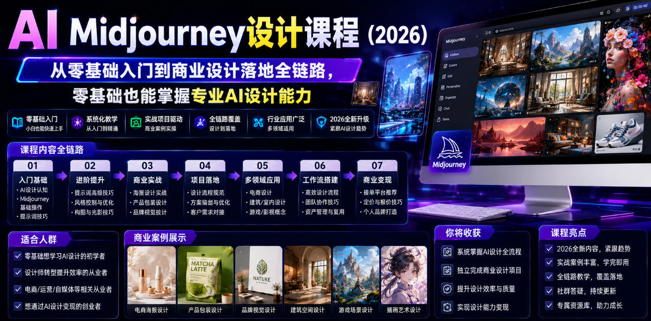 AI Midjourney设计课程（2026），从零基础入门到商业设计落地全链路，零基础也能掌握专业AI设计能力-资源宝库吧