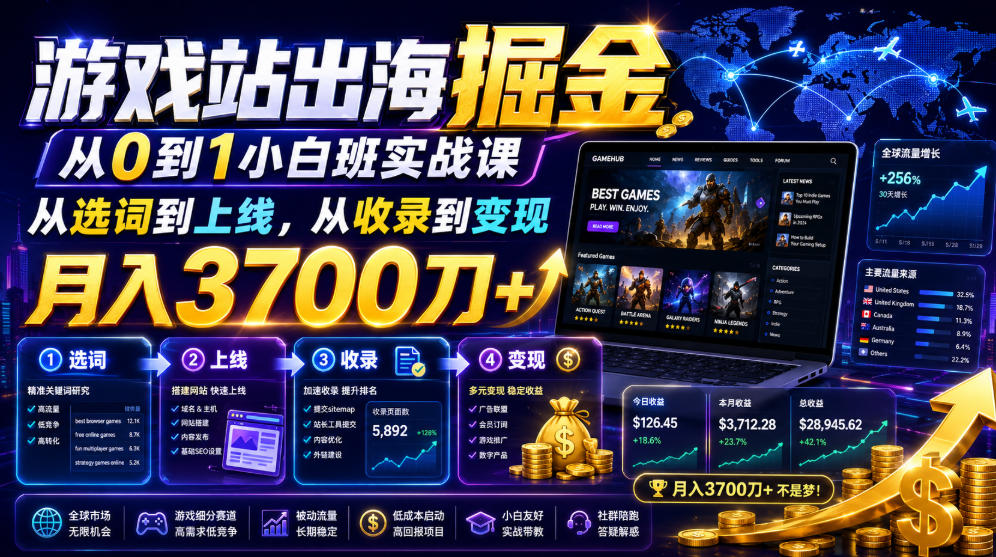 游戏站出海掘金从0到1小白实战课，从选词到上线，从收录到变现，月入3700刀+-资源宝库吧