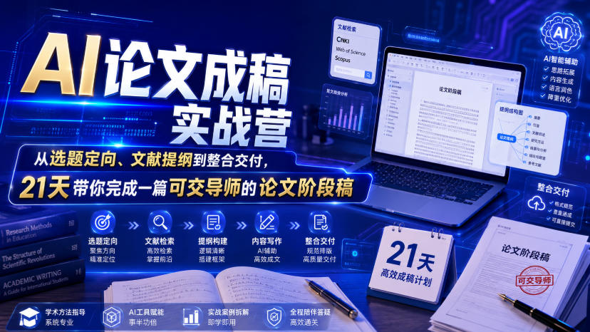 AI论文成稿实战营，从选题定向、文献提纲到整合交付，21天带你完成一篇可交导师的论文阶段稿-资源宝库吧