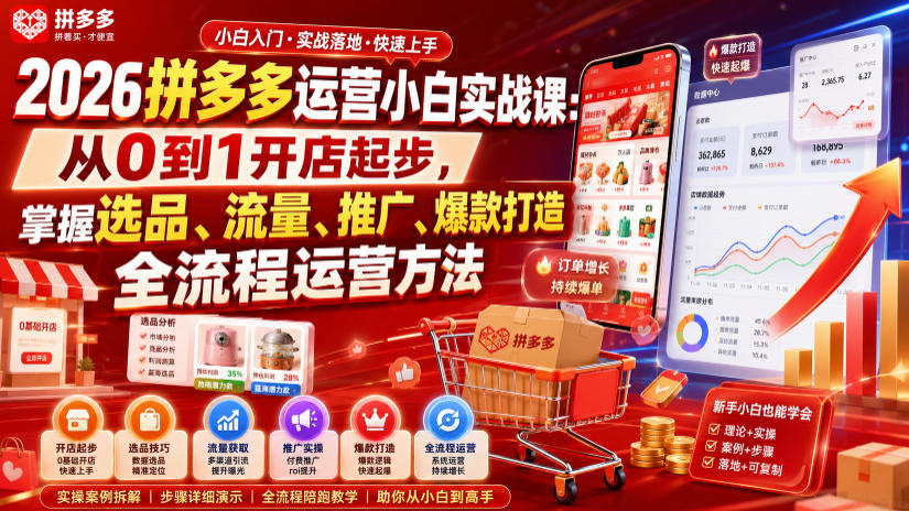 2026拼多多运营小白实战课：从0到1开店起步，掌握选品、流量、推广、爆款打造全流程运营方法-资源宝库吧