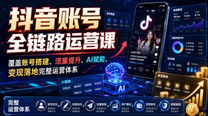 抖音账号全链路运营课，覆盖账号搭建、流量提升、AI赋能、变现落地完整运营体系-资源宝库吧
