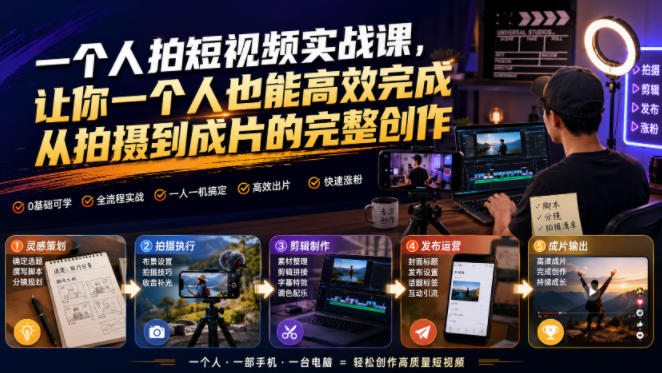 一个人拍短视频实战课，让你一个人也能高效完成从拍摄到成片的完整创作-资源宝库吧