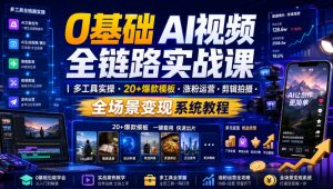 0基础AI视频全链路实战课|多工具实操・20+爆款模板・涨粉运营・剪辑拍摄・全场景变现系统教程-资源宝库吧