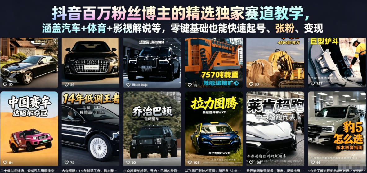 抖音百万粉丝博主的精选独家赛道教学，涵盖汽车+体育+影视解说等，零基础也能快速起号、涨粉、变现（更新0701）-资源宝库吧