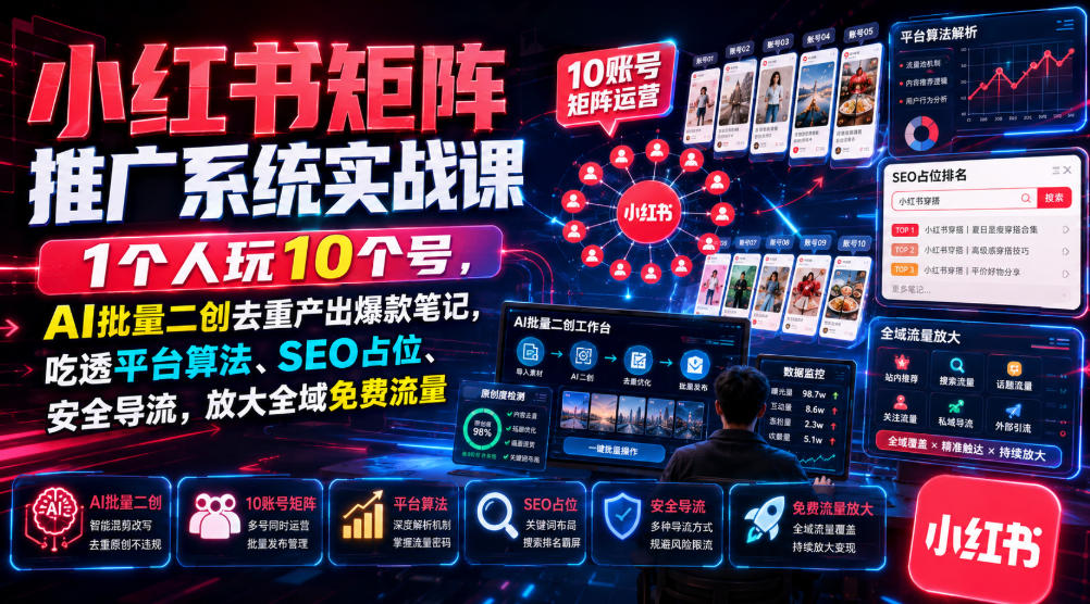 小红书矩阵推广系统实战课｜1个人玩10个号，AI批量二创去重产出爆款笔记，吃透平台算法、SEO占位、安全导流，放大全域免费流量-资源宝库吧