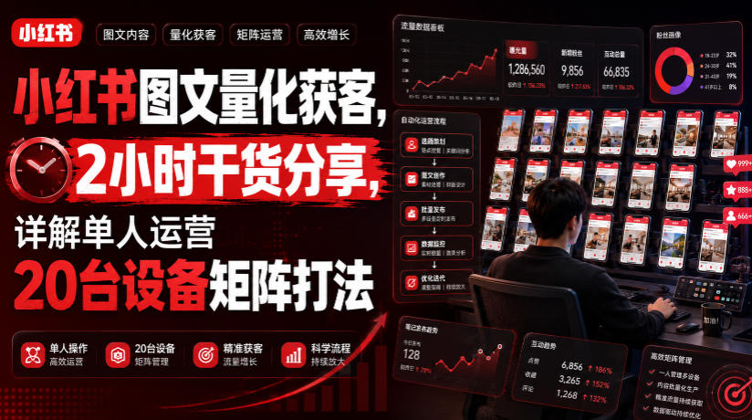 小红书图文量化获客，2小时干货分享，详解单人运营20台设备矩阵打法-资源宝库吧