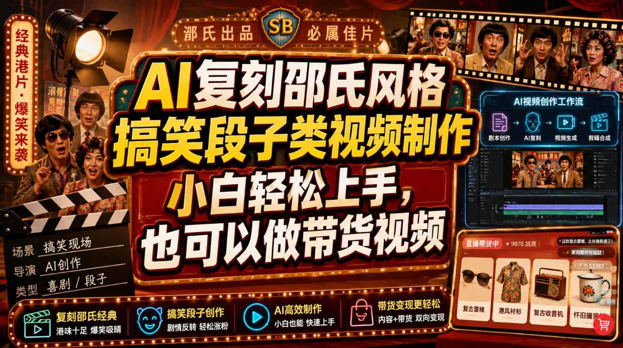 AI复刻邵氏风格搞笑段子类视频制作，小白轻松上手，也可以做带货视频-资源宝库吧