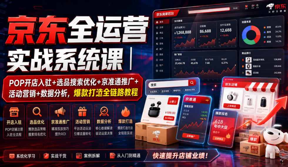 京东全运营实战系统课｜POP开店入驻+选品搜索优化+京准通推广+活动营销+数据分析，爆款打造全链路教程-资源宝库吧