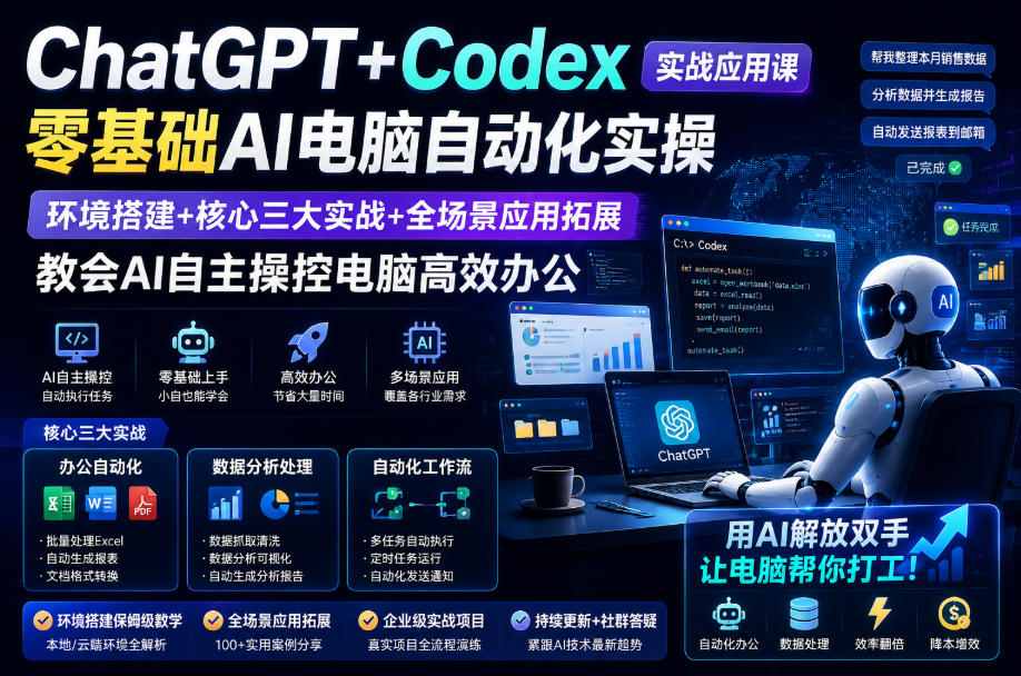 ChatGPT+Codex实战应用课｜零基础AI电脑自动化实操，环境搭建+核心三大实战+全场景应用拓展，教会AI自主操控电脑高效办公-资源宝库吧