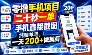 零撸手机项目，二十秒一单，手机直接截图，纯薅羊毛，一天200+做就有【揭秘】-资源宝库吧